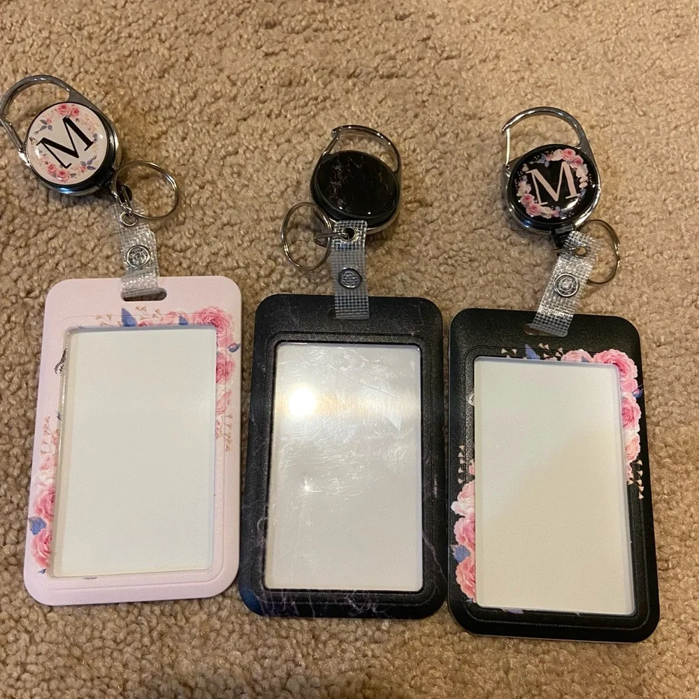 Floral Badge Holder Set of Three - Black and Pink Monogram